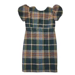 EUC Ivy City Green Plaid Wool Zip Up Dress Girls 8T Puff Sleeves